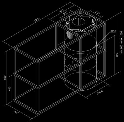 Ostrůvkové digestoře Tubo Cage Asymmetric Glass Black Matt - Matná černá - Výkres
