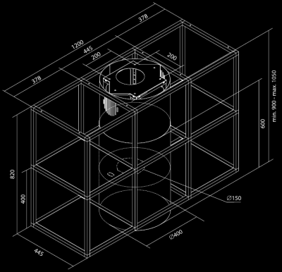 Ostrůvkové digestoře Tubo Cage Central Glass Black Matt - Matná černá - Výkres