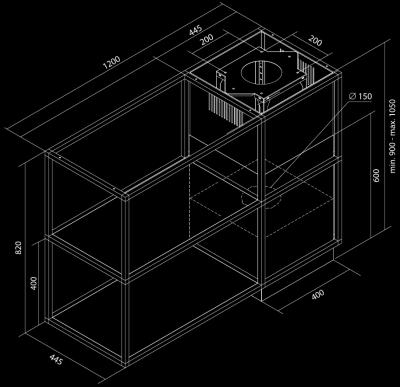 Ostrůvkové digestoře Quadro Cage Asymmetric Wood Black Matt - Matná černá - Výkres