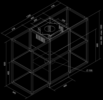 Ostrůvkové digestoře Quadro Cage Central Glass Black Matt - Matná černá - Výkres