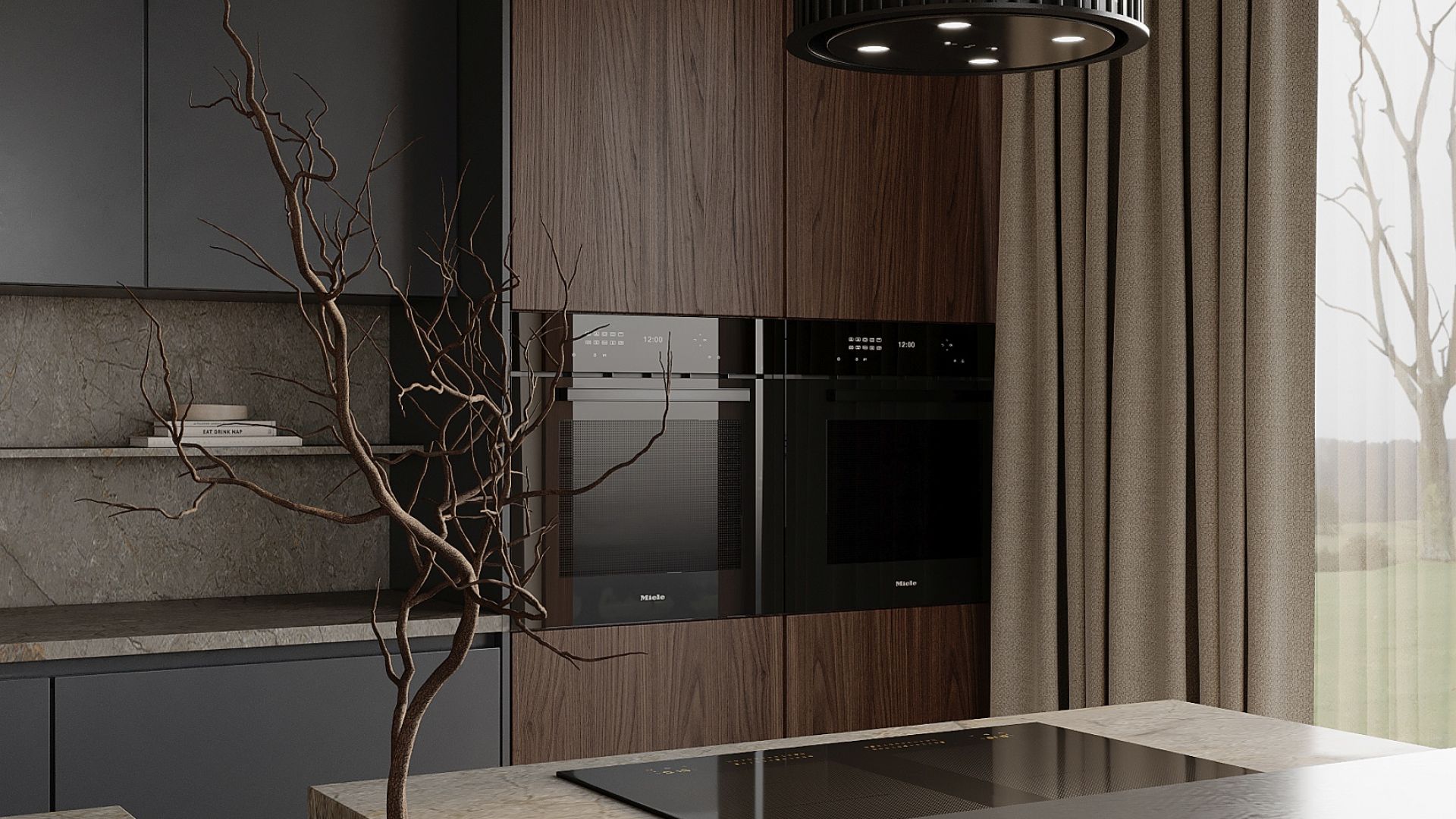 Ostrůvkové digestoře Voliera N1 Black-Black Gesture Control - Matná černá - Vizualizace