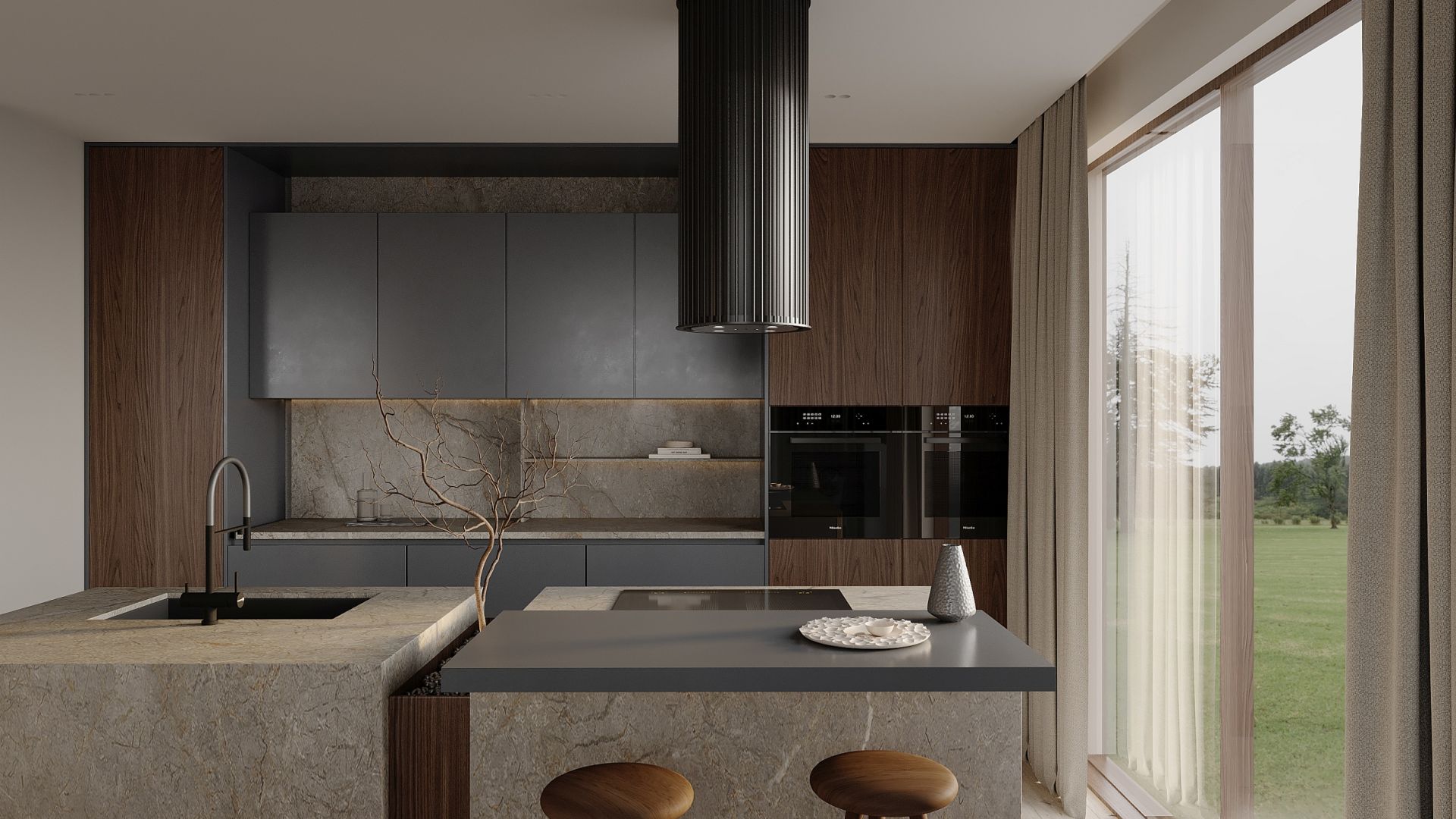 Ostrůvkové digestoře Voliera N1 Black-Black Gesture Control - Matná černá - Vizualizace 6