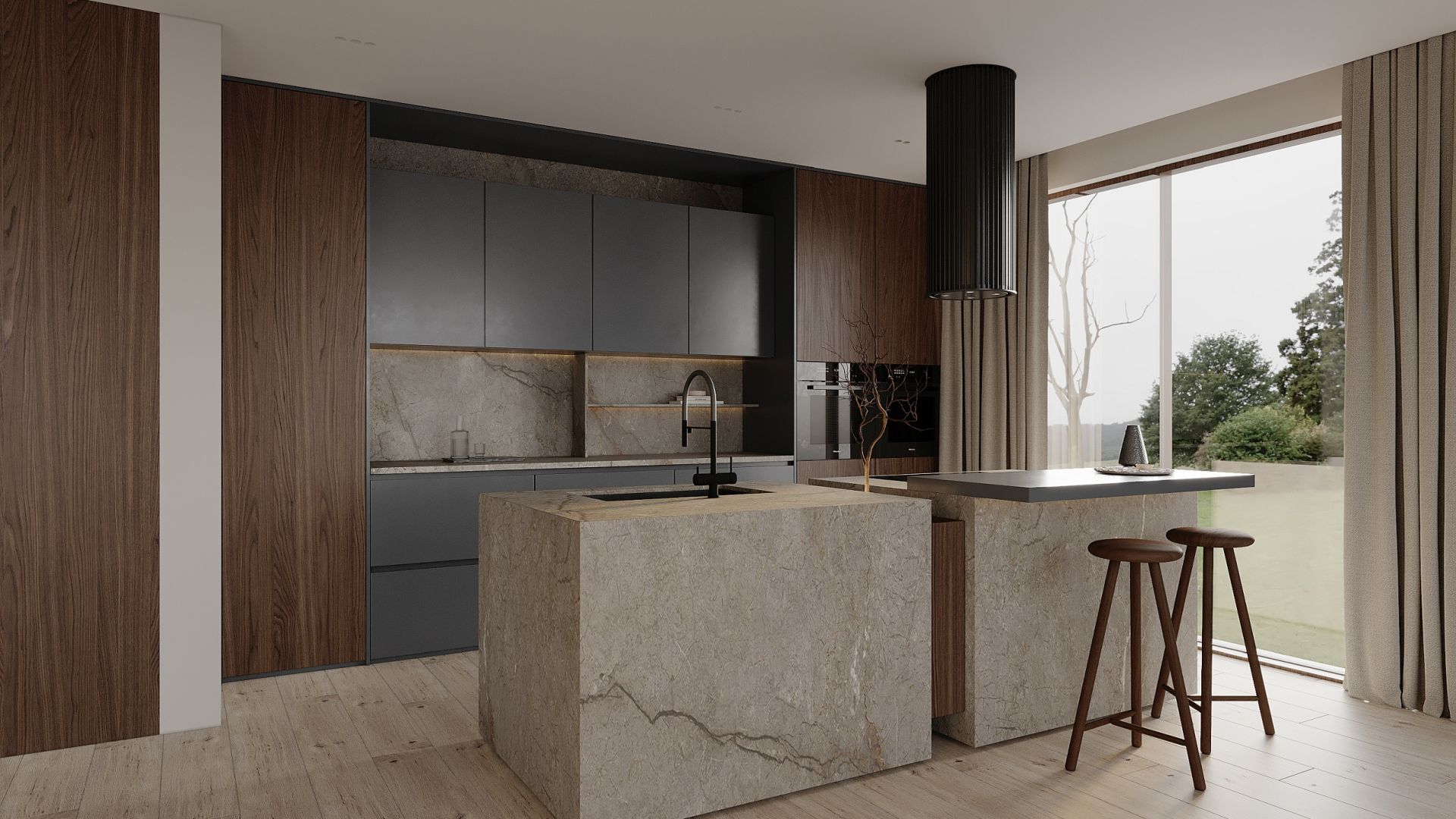 Ostrůvkové digestoře Voliera N1 Black-Black Gesture Control - Matná černá - Vizualizace 4