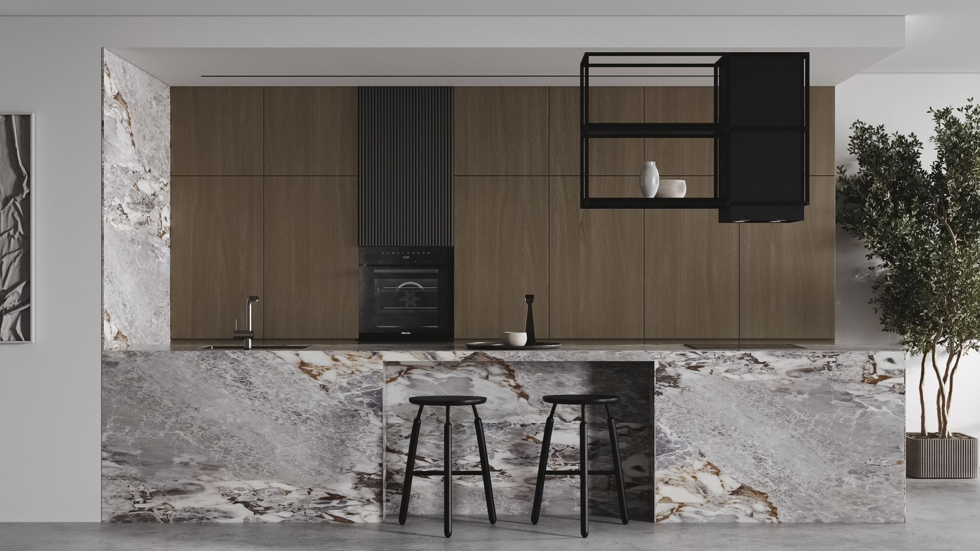 Ostrůvkové digestoře Quadro Cage Asymmetric Glass Black Matt - Matná černá - Vizualizace