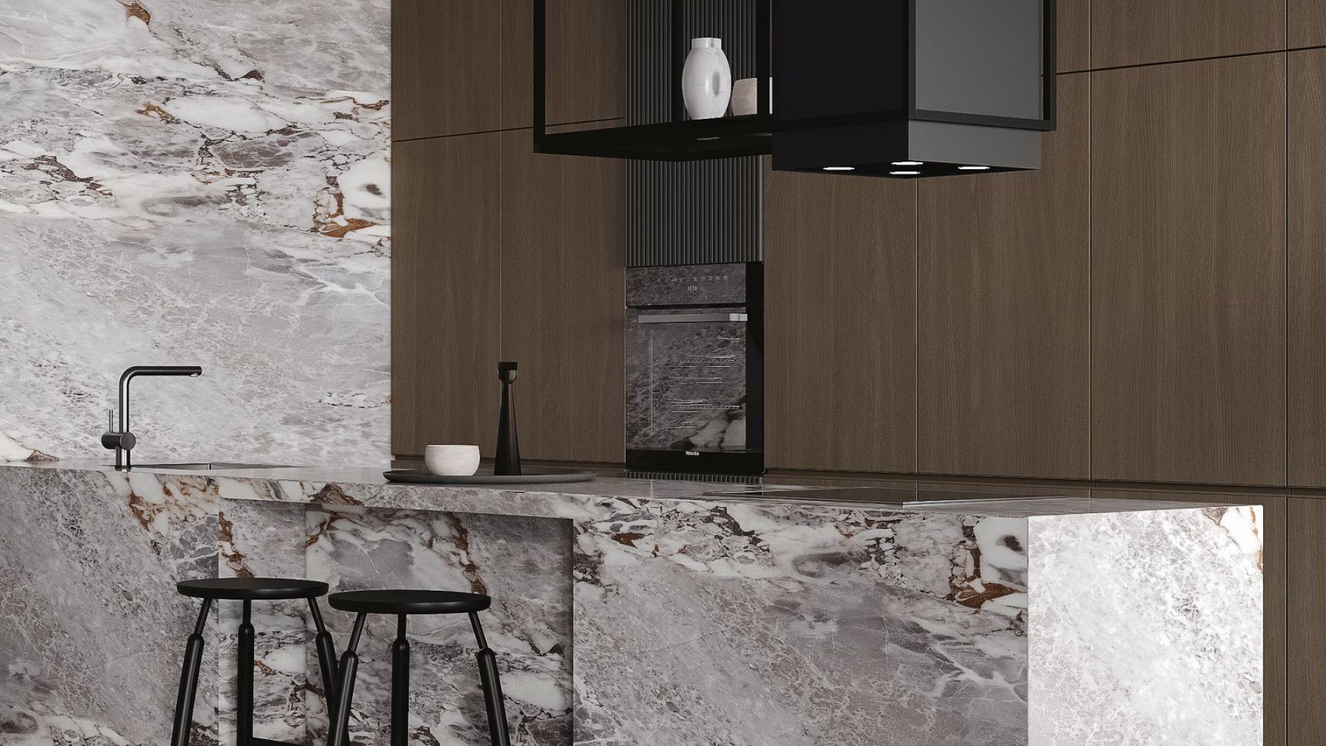 Ostrůvkové digestoře Quadro Cage Asymmetric Glass Black Matt - Matná černá - Vizualizace 6