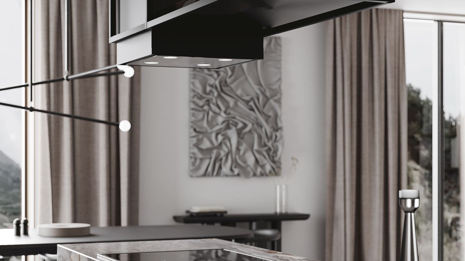 Ostrůvkové digestoře Quadro Cage Asymmetric Glass Black Matt - Matná černá - Vizualizace 3