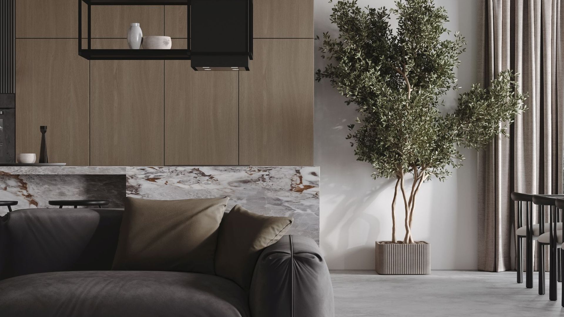 Ostrůvkové digestoře Quadro Cage Asymmetric Glass Black Matt - Matná černá - Vizualizace 4