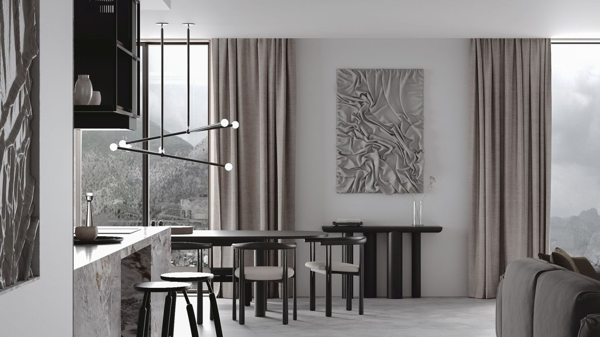 Ostrůvkové digestoře Quadro Cage Asymmetric Glass Black Matt - Matná černá - Vizualizace 7