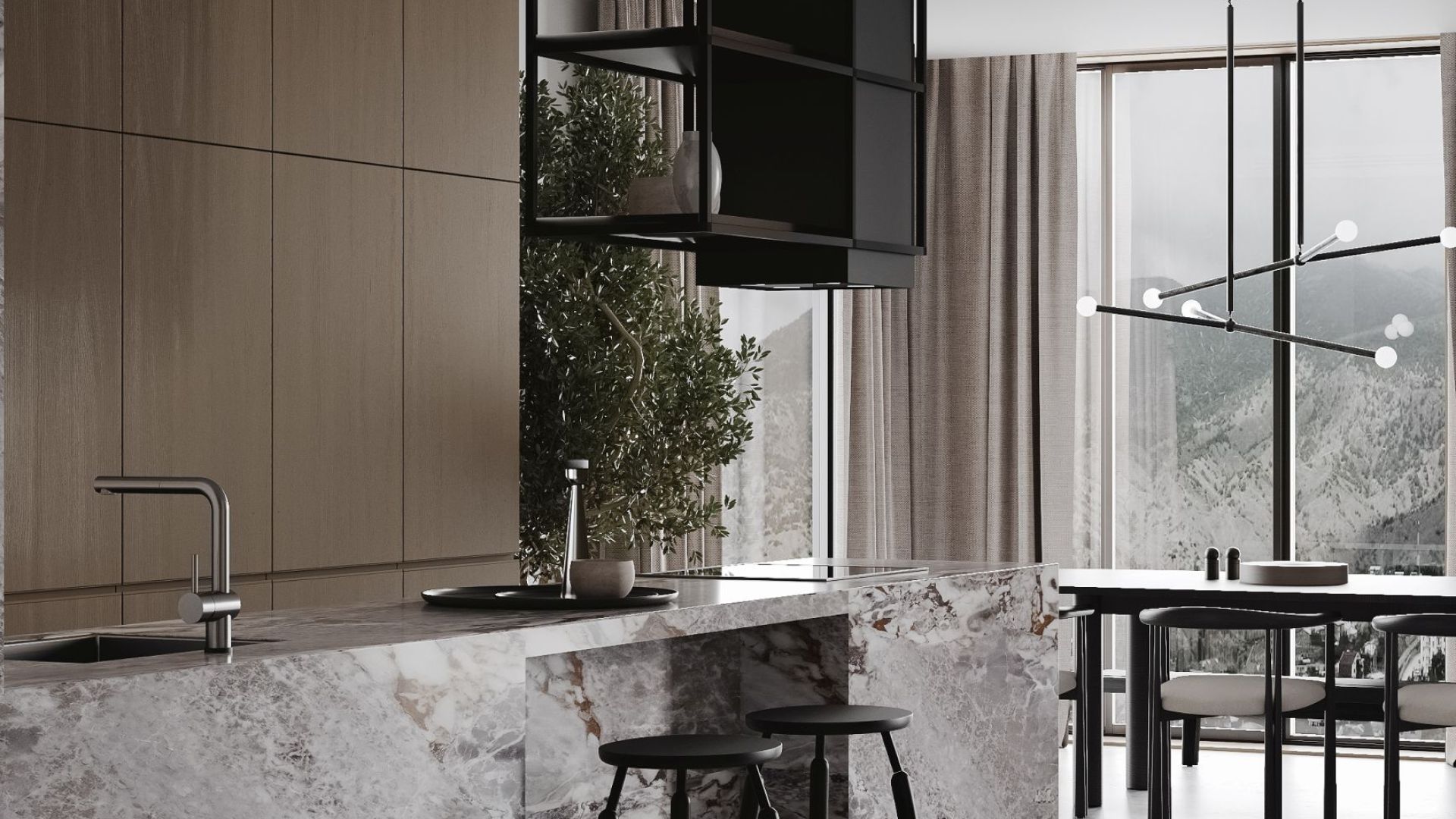 Ostrůvkové digestoře Quadro Cage Asymmetric Glass Black Matt - Matná černá - Vizualizace 8