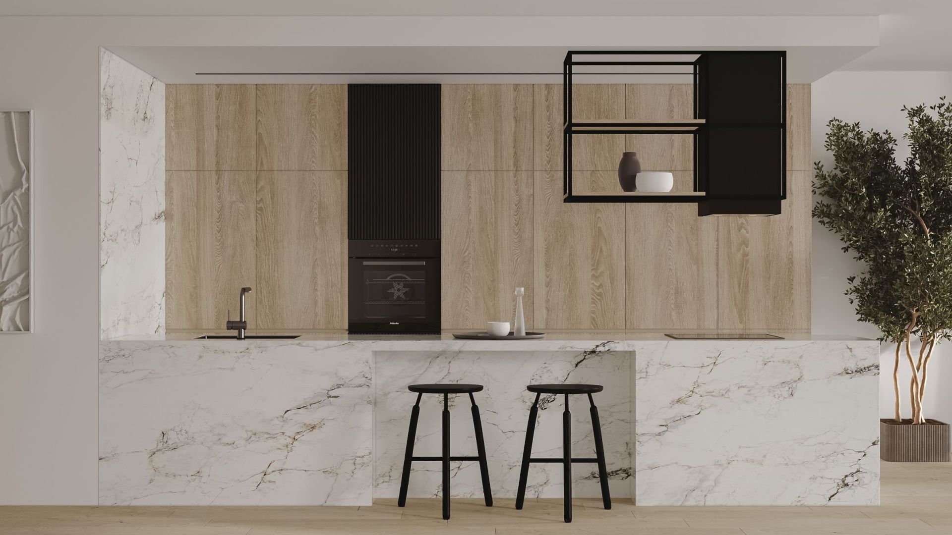 Ostrůvkové digestoře Quadro Cage Asymmetric Wood Black Matt - Matná černá - Vizualizace