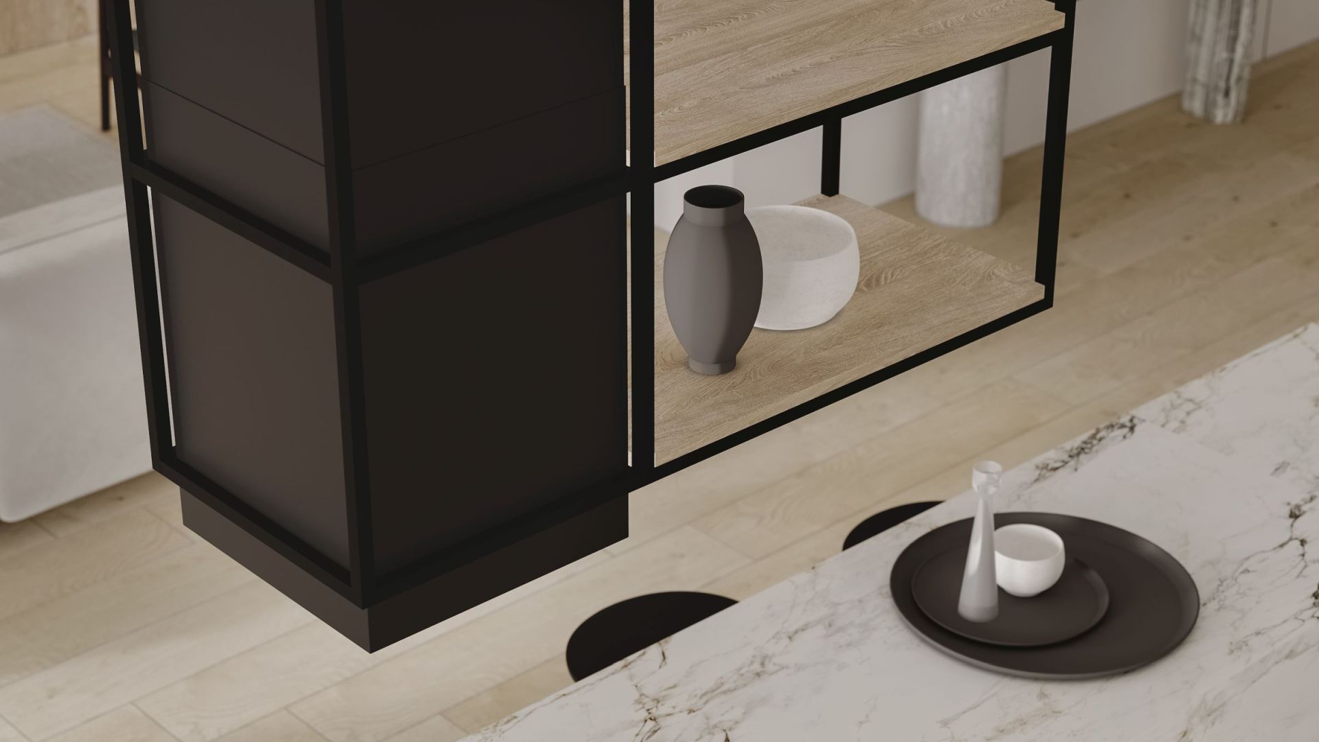 Ostrůvkové digestoře Quadro Cage Asymmetric Wood Black Matt - Matná černá - Vizualizace 2