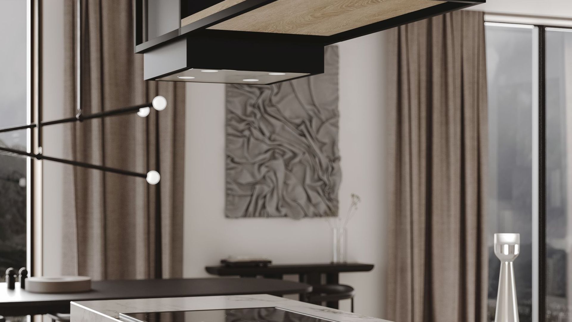 Ostrůvkové digestoře Quadro Cage Asymmetric Wood Black Matt - Matná černá - Vizualizace 3