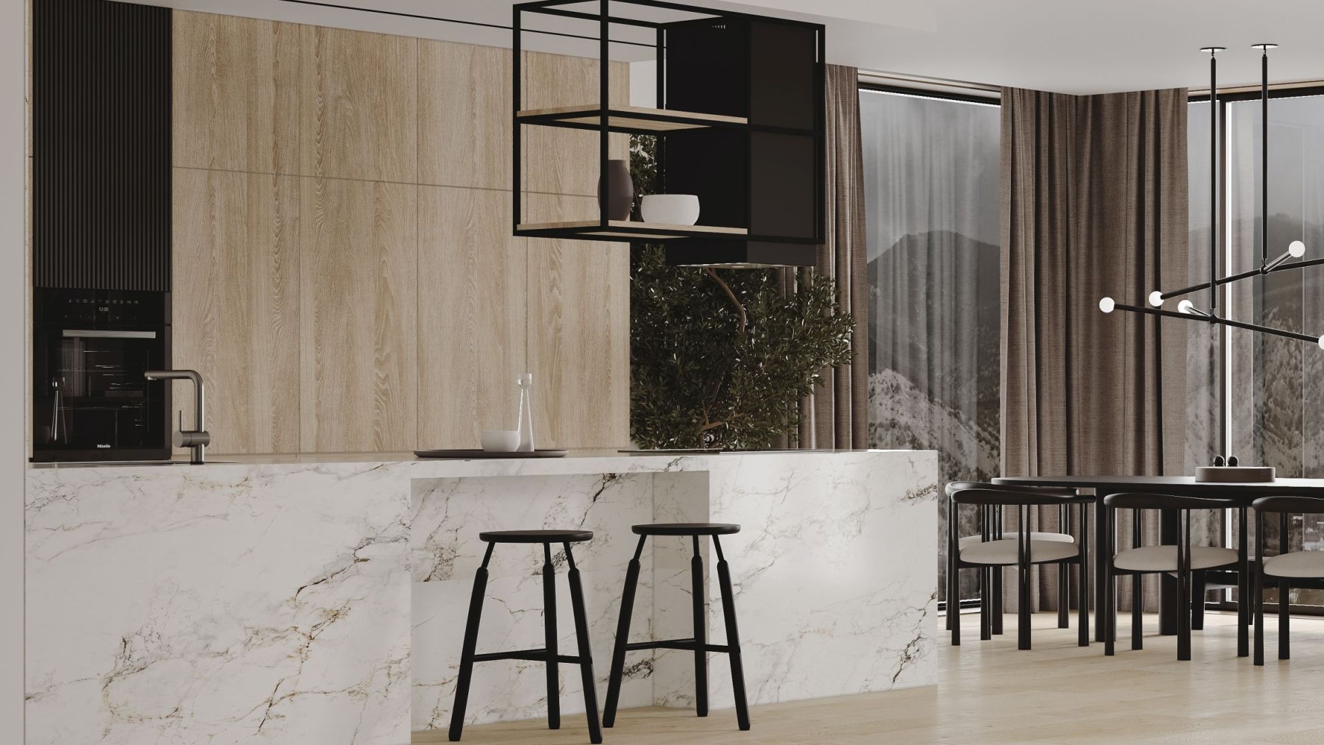 Ostrůvkové digestoře Quadro Cage Asymmetric Wood Black Matt - Matná černá - Vizualizace 4