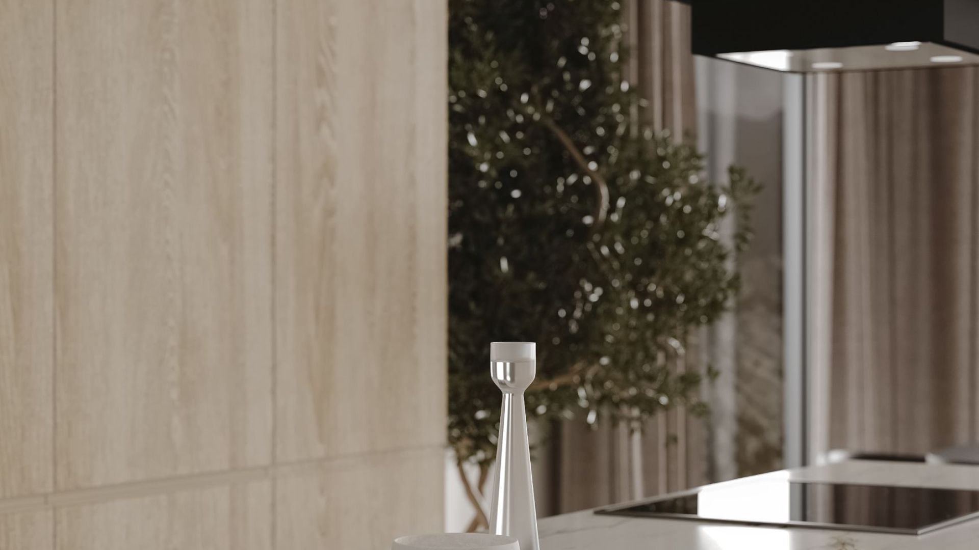 Ostrůvkové digestoře Quadro Cage Asymmetric Wood Black Matt - Matná černá - Vizualizace 5