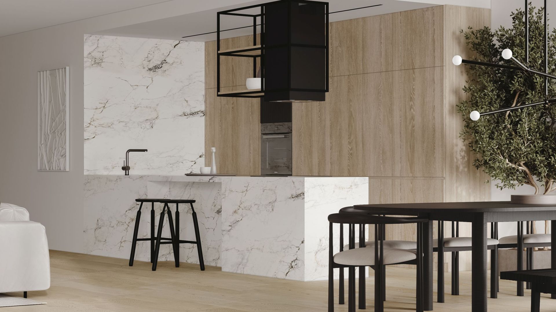 Ostrůvkové digestoře Quadro Cage Asymmetric Wood Black Matt - Matná černá - Vizualizace 6