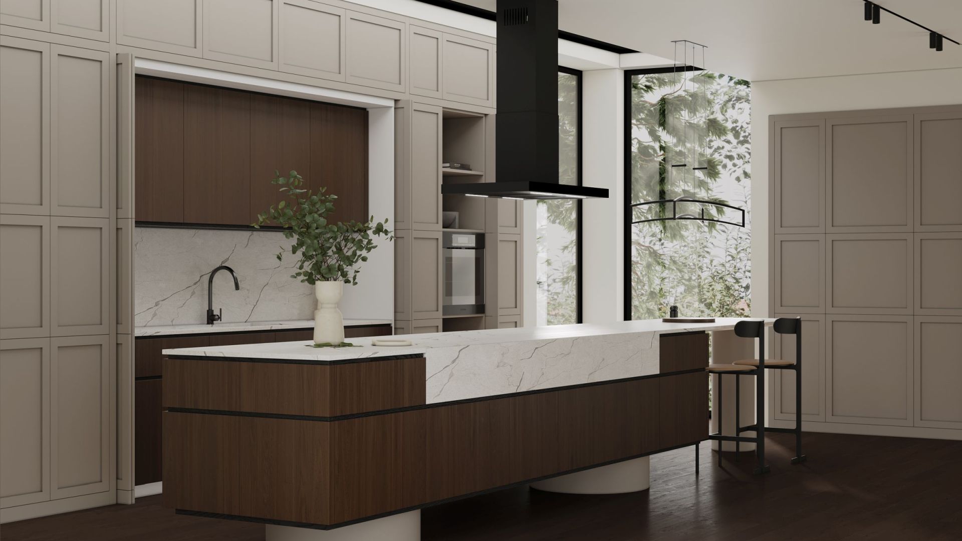 Ostrůvkové digestoře Sento Eco Island Strips Black Matt - Matná černá - Vizualizace